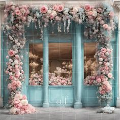 a building with flowers on the front and side of it's windows, decorated in pastel colors