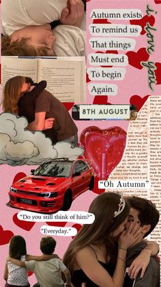 the collage shows two people kissing in front of a red car with hearts on it