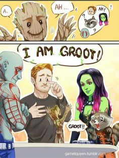 an image of two people talking to each other with the caption'i am groot'above them