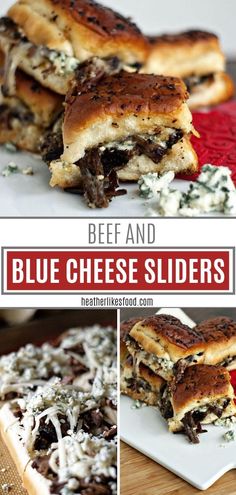 beef and blue cheese sliders on a white plate with text overlay that reads beef and blue cheese sliders