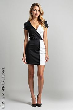 Olivia Mark - Chic Contrast Wrap Mini Dress - Black and White Black And White Fitted Dress For Night Out, Fitted Black And White Dress For Night Out, Chic Fitted Black And White Mini Dress, Fitted Black And White Dress For Date Night, Fitted Black And White Mini Dress For Work, Chic Black And White Short Sleeve Dress, Mini Wrap Dress, Bold Black, Black And White Colour