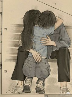 a drawing of two people hugging each other