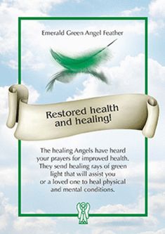 an advertisement for the emerald green angel feather health and healing program on a blue sky background