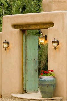 a potted plant sitting in front of a green door with lights on the side