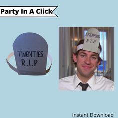 a man wearing a paper hat with the words party in a click on it