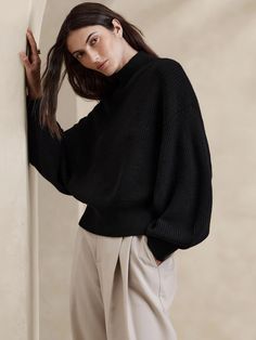 Landa Merino Sweater | Banana Republic Exaggerated Sleeves, Merino Sweater, The Sheep, Ribbed Knit Sweater, Wide Waistband, Knit Jumper, Batwing Sleeve, Cropped Sweater, Hip Length