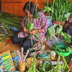 a woman sitting on the ground surrounded by potted plants and other items in front of her