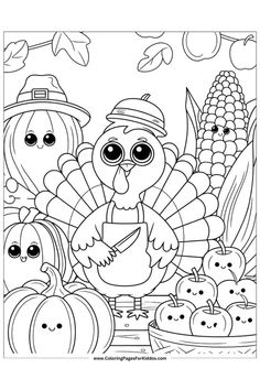 A Thanksgiving-themed scene with a smiling turkey, pumpkins, and corn, ideal for fall coloring. Fall Coloring Pages November, Coloring Pages For November, Fall Coloring Activities, 4th Grade Coloring Pages, November Coloring Sheets Free Printable, Coloring Pages Thanksgiving For Kids, Kids Thanksgiving Coloring Pages, Thanksgiving Colouring Printables, Coloring Pages November