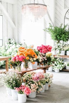 a bunch of flowers that are sitting on a table in the middle of a room