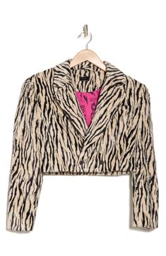 A striking animal pattern lends an edgier take to this faux-fur blazer complimented by an abbreviated hem. 14 1/2" length (size Small) Front button closure Notched lapels Long sleeves Lined 45% cotton, 36% viscose, 19% polyester Dry clean Imported Trendy Fitted Faux Fur Coat, Fitted Faux Fur Outerwear In Leopard Print, Fitted Leopard Print Faux Fur Outerwear, Fitted Leopard Print Fur Coat For Fall, Fur Blazer, Blaze Of Glory, Mother Mother, Animal Pattern, Zebras