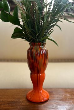 an orange vase filled with green plants on top of a wooden table