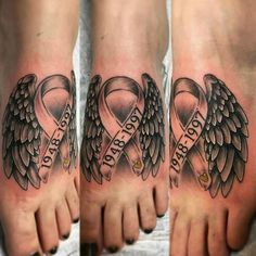 two feet with tattoos on them that have wings and words in the shape of an angel