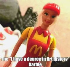 the barbie doll is wearing a red and yellow dress with a mcdonald's sign on it