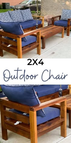 two photos of outdoor chairs with blue cushions and text overlay that says, 2x4