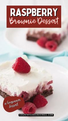 raspberry brownie dessert with white frosting and fresh raspberries on top