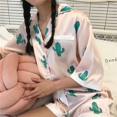 Fabric: Silk  Color: white, pink  Size: Free Size    Length: 64cm, Bust: 102cm, Shoulder: 42cm, Sleeve: 32.5cm    Pants length: 37cm, waist ：no limit Summer Pajamas Women, Cute Korean Outfits, Pajamas Shorts, Short Shirt, Summer Pajamas, 2017 Summer, Harajuku Fashion, Short Shirts, Casual Sets