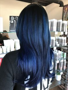 Mid Night Blue Hair, Black Hair With Blue Ends, Blue To Black Hair, Blue Hair No Bleach, Blue Hair With Highlights, Dark Blue Hair Color Ideas, Black Blue Hair, Black And Blue Hair, Blue Balayage