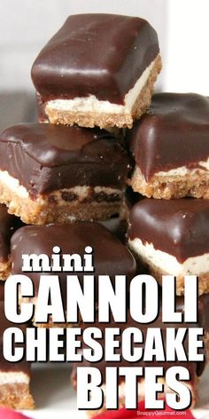 mini cannoli cheesecake bites stacked on top of each other