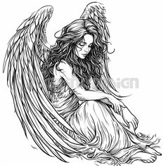 an angel sitting on the ground with her arms crossed and wings spread over her head