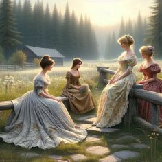 three women in dresses sitting on a bench looking at the woods and grass, while one woman is wearing a white dress