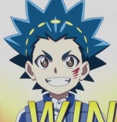 an anime character with blue hair and yellow lettering on the front of his head, smiling