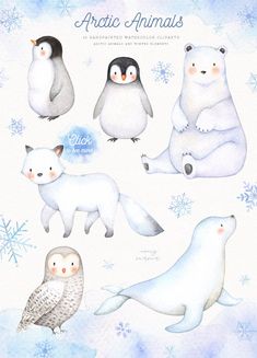 watercolor polar bears and penguins with snowflakes in the background, including an arctic animal