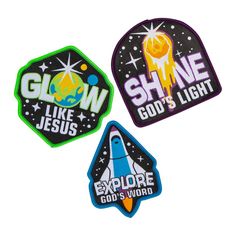 three patches with the words glow like jesus, shine like god's light and explore god's word