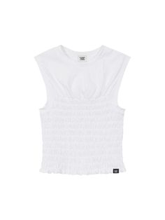 This is a trendy and casual top by MARGESHERWOOD that is made out of high quality and sturdy material. With distinctive mood of the design and comfortable wear, you can style it for your casual daily outfit.- Unique smocking embroidery detail- Slim fit and cropped length- Logo label on the hem Casual Fitted Sleeveless T-shirt, White Fitted Sleeveless Tank Top, White Fitted Casual Tank Top, Casual White Fitted Tank Top, White Fitted Sleeveless Top, Fitted White Tank Top For Spring, White Relaxed Fit Casual Tank Top, Casual White Sleeveless Top, Trendy White Sleeveless Top