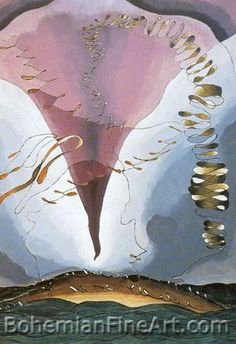 an abstract painting with water and clouds in the background, including a large pink flower