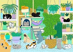 an image of cats in the house surrounded by plants