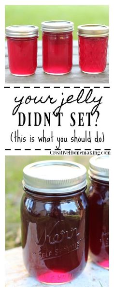 four jars filled with red liquid sitting on top of a wooden table