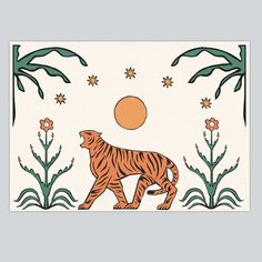 an orange tiger walking in the grass with flowers and plants around it, against a white background