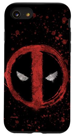 the deadpool phone case is shown with red paint splattered over it and eyes