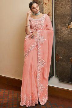 Pink Organza Saree, Heavy Saree, Peach Color Saree, Desi Clothing, Saree Work, Peach Saree, Organza Silk Saree, Organza Blouse, Party Sarees