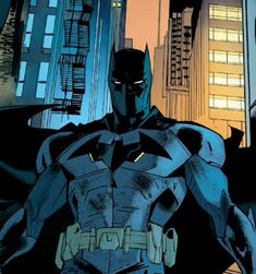 batman standing in the middle of a city with his hands on his hips and looking at the camera