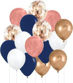 a bunch of balloons with gold, white and blue ones