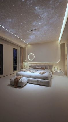 a large bed sitting in the middle of a bedroom under a sky filled with stars