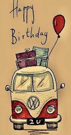 a drawing of a vw camper van with luggage on top and the words happy birthday written above it