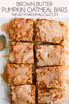 brown butter pumpkin oatmeal bars are stacked on top of each other