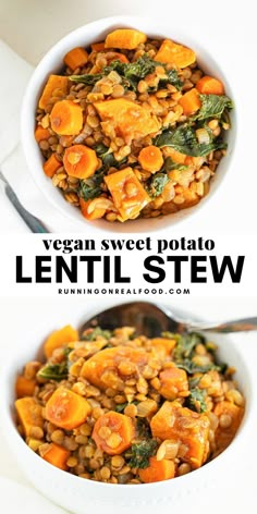 two bowls filled with lentils and vegetables