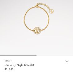 Beautiful All Inclusive Bnib Louise By Night Bracelet. Comes In Original Lv Box, Dustbag, With Price Tag! Originally Paid $515 Plus Tax Which Came To About $609 Usd. I Also Have The Matching Necklace In My Closet And A Great Bundle Deal In Interested The Louise By Night Bracelet Features A Delicate Link Chain And A Bold Lv Circle Accent With A Sparkling Border. It Has An Adjustable Length And Is Finished With A Smaller Lv Circle Charm At The End Of The Chain. The Louise By Night Collection Was C Lv Bracelet, Louis Vuitton Jewelry, Matching Necklaces, Price Tag, All Inclusive, Link Chain, Womens Jewelry Bracelets, Gold Color, Dust Bag