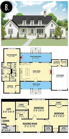 two story house plans with an open floor plan for the front and back of the house