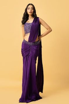 Violet pre-draped saree with bead and sequin embroidery on ruched waist. Comes with embroidered padded blouse. - Aza Fashions Embellished Fitted Pre-draped Saree, Embellished Fitted Draped Saree, Embellished Fitted Draped Choli, Draped Saree, Padded Blouse, Drape Saree, Sequin Embroidery, Sequins Embroidery, Saree With Blouse