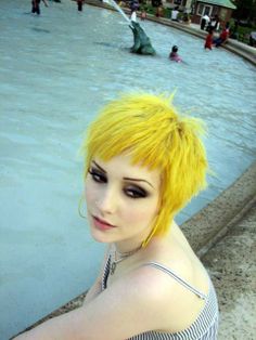 Bright as F%$# Yellow from Special Effects! One of the only semi-permanent dyes that lasts! Yellow Hair Color, Corte De Cabelo Masculino, Short Hair Color, Yellow Hair, Scene Hair