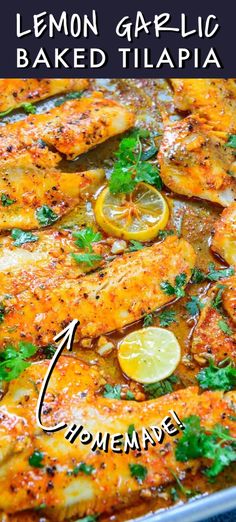 lemon garlic baked tilapia in a baking pan