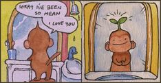 a comic strip with an image of a monkey looking at himself in the bathroom mirror