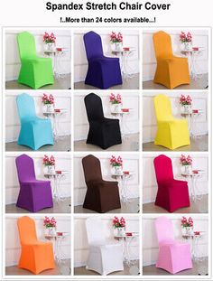 various colors of spandex stretch chair covers in multiple styles and sizes, including one with