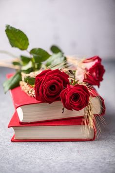 three red roses are sitting on top of two books, one is open and the other is closed