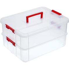 a plastic storage box with two red handles