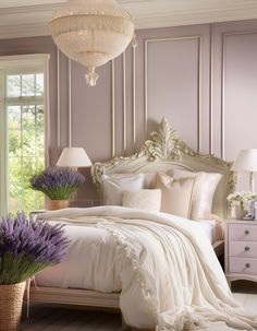 a white bed sitting in a bedroom next to a window with purple flowers on it